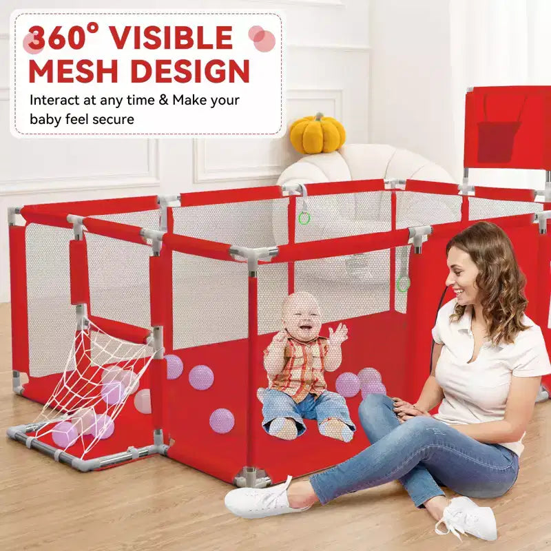 GOTGELIF Parque de juegos portátil de 4 paneles para bebés de 71x48 con canasta de baloncesto