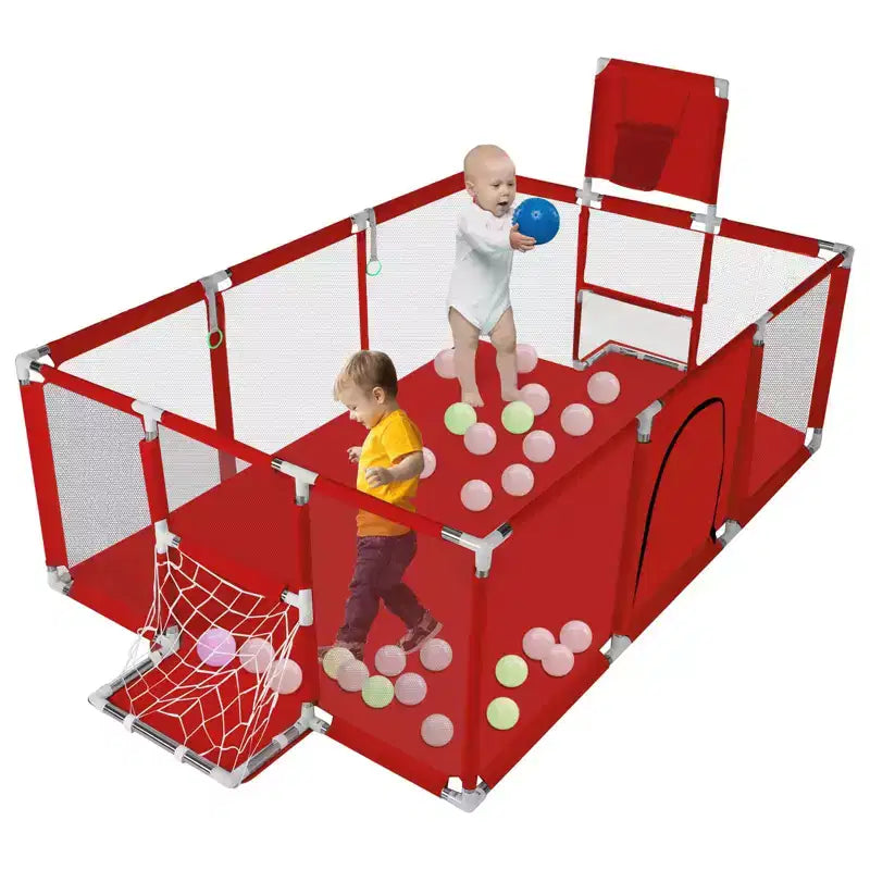 GOTGELIF Parque de juegos portátil de 4 paneles para bebés de 71x48 con canasta de baloncesto
