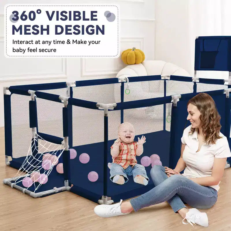 GOTGELIF Parque de juegos portátil de 4 paneles para bebés de 71x48 con canasta de baloncesto