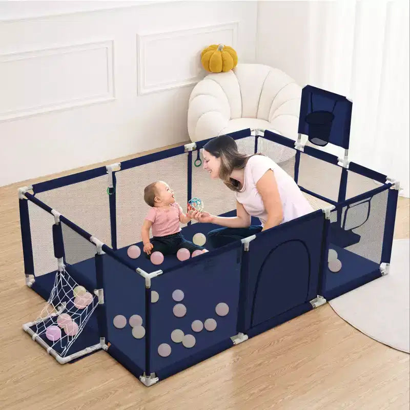 GOTGELIF Parque de juegos portátil de 4 paneles para bebés de 71x48 con canasta de baloncesto
