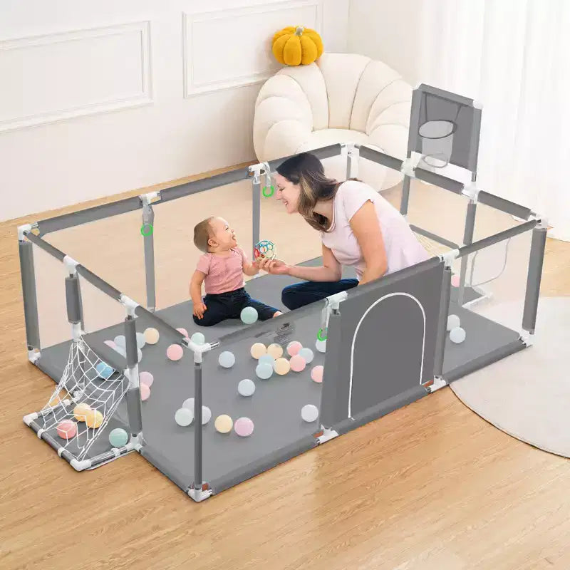 GOTGELIF Parque de juegos portátil de 4 paneles para bebés de 71x48 con canasta de baloncesto