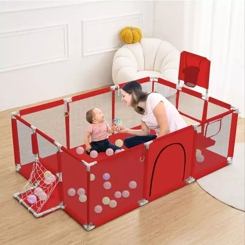 GOTGELIF Parque de juegos portátil de 4 paneles para bebés de 71x48 con canasta de baloncesto