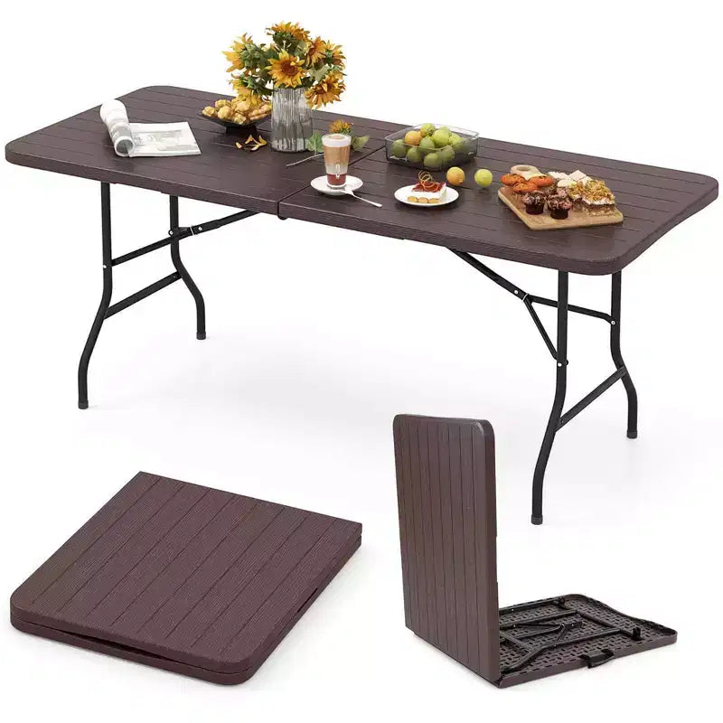 Mesa plegable portátil Costway de 6 pies con superficie de HDPE imitación madera y mecanismo de bloqueo de seguridad, gris/marrón