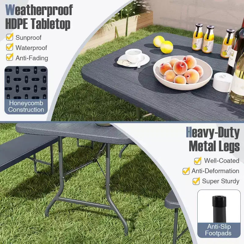 Mesa plegable portátil Costway de 6 pies con superficie de HDPE imitación madera y mecanismo de bloqueo de seguridad, gris/marrón