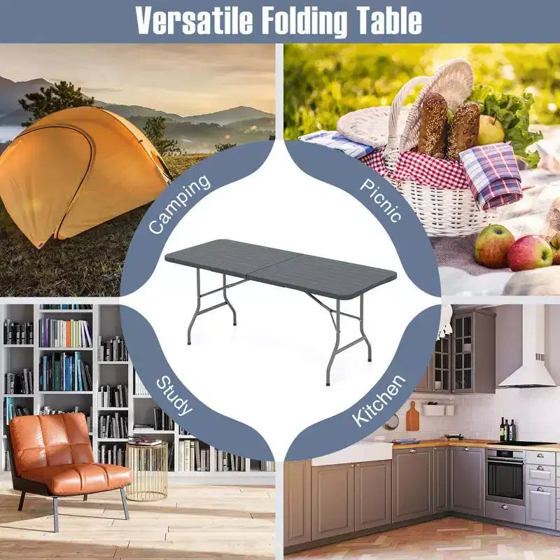 Mesa plegable portátil Costway de 6 pies con superficie de HDPE imitación madera y mecanismo de bloqueo de seguridad, gris/marrón