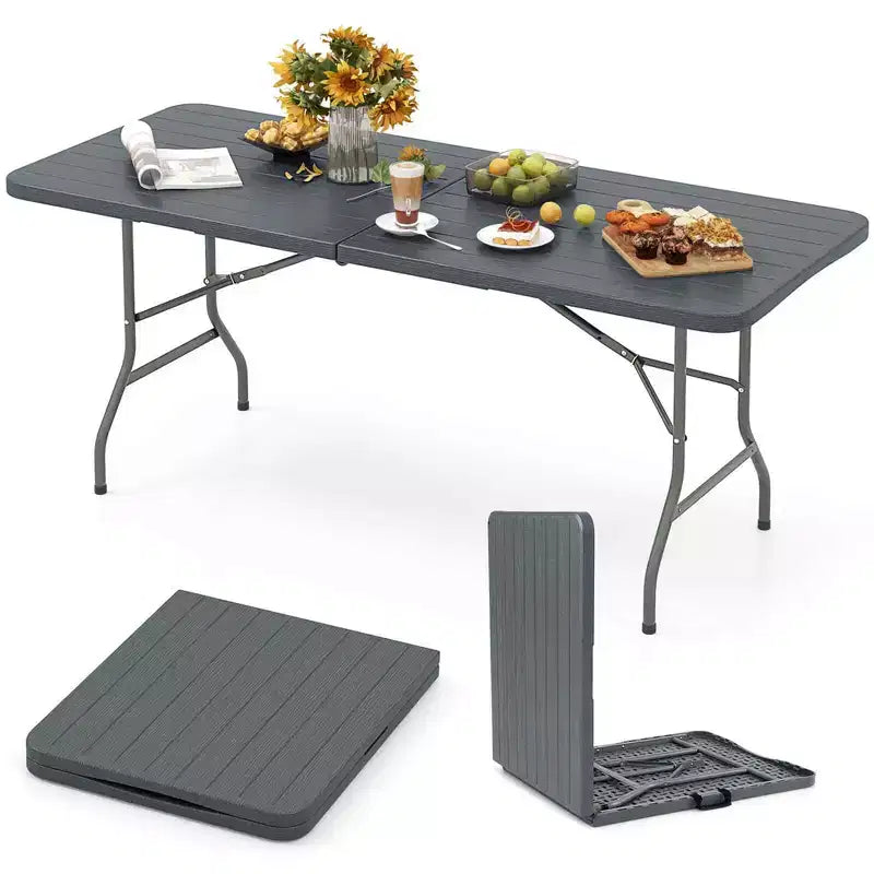 Mesa plegable portátil Costway de 6 pies con superficie de HDPE imitación madera y mecanismo de bloqueo de seguridad, gris/marrón