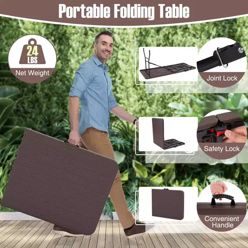 Mesa plegable portátil Costway de 6 pies con superficie de HDPE imitación madera y mecanismo de bloqueo de seguridad, gris/marrón