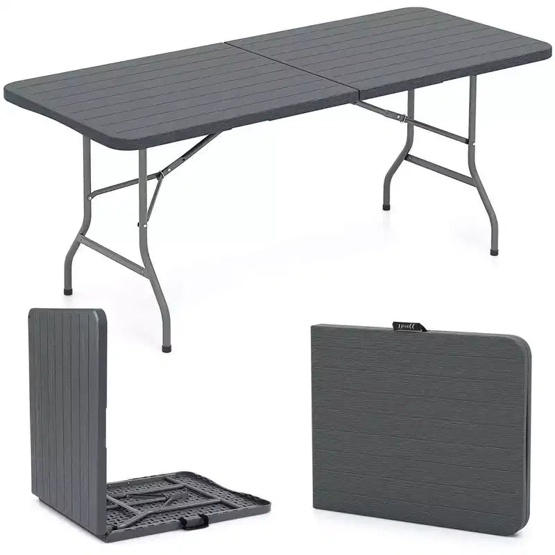 Mesa plegable portátil Costway de 6 pies con superficie de HDPE imitación madera y mecanismo de bloqueo de seguridad, gris/marrón