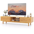 Mueble de TV de bambú Costway de 63 pulgadas con 3 cubos de almacenamiento, puertas corredizas, armario de almacenamiento de mediados de siglo