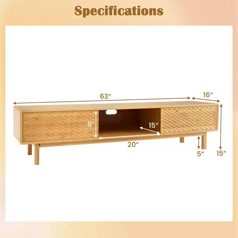 Mueble de TV de bambú Costway de 63 pulgadas con 3 cubos de almacenamiento, puertas corredizas, armario de almacenamiento de mediados de siglo