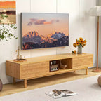 Mueble de TV de bambú Costway de 63 pulgadas con 3 cubos de almacenamiento, puertas corredizas, armario de almacenamiento de mediados de siglo