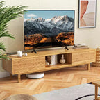 Mueble de TV de bambú Costway de 63 pulgadas con 3 cubos de almacenamiento, puertas corredizas, armario de almacenamiento de mediados de siglo