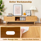 Mueble de TV de bambú Costway de 63 pulgadas con 3 cubos de almacenamiento, puertas corredizas, armario de almacenamiento de mediados de siglo