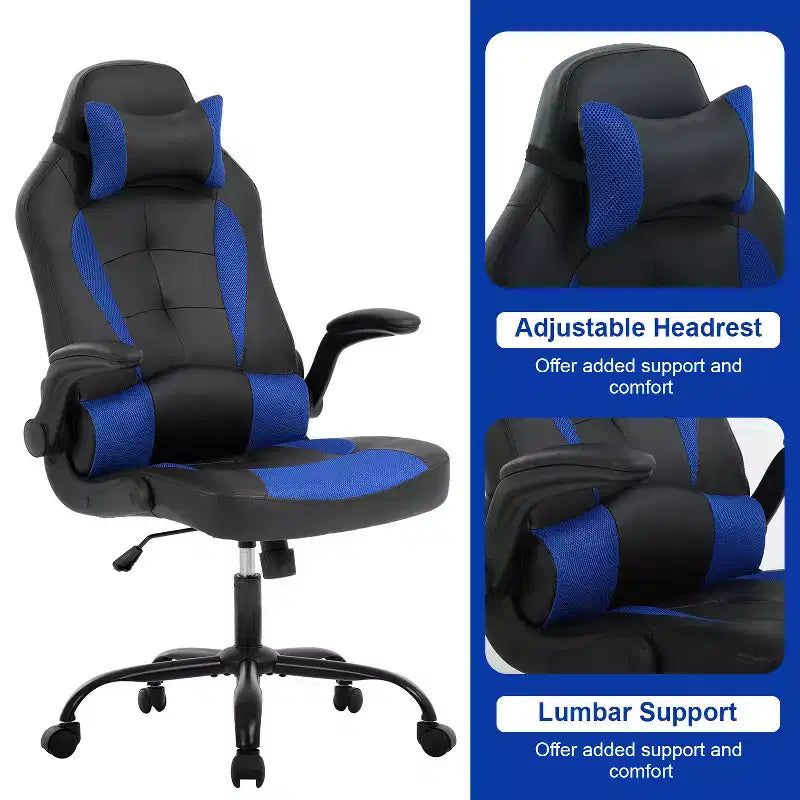 Silla de oficina para juegos BestMassage, silla de escritorio para ordenador con soporte lumbar y reposacabezas ajustable, y silla de jugador de piel sintética para adultos