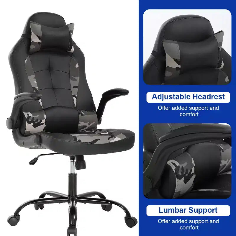 Silla de oficina para juegos BestMassage, silla de escritorio para ordenador con soporte lumbar y reposacabezas ajustable, y silla de jugador de piel sintética para adultos