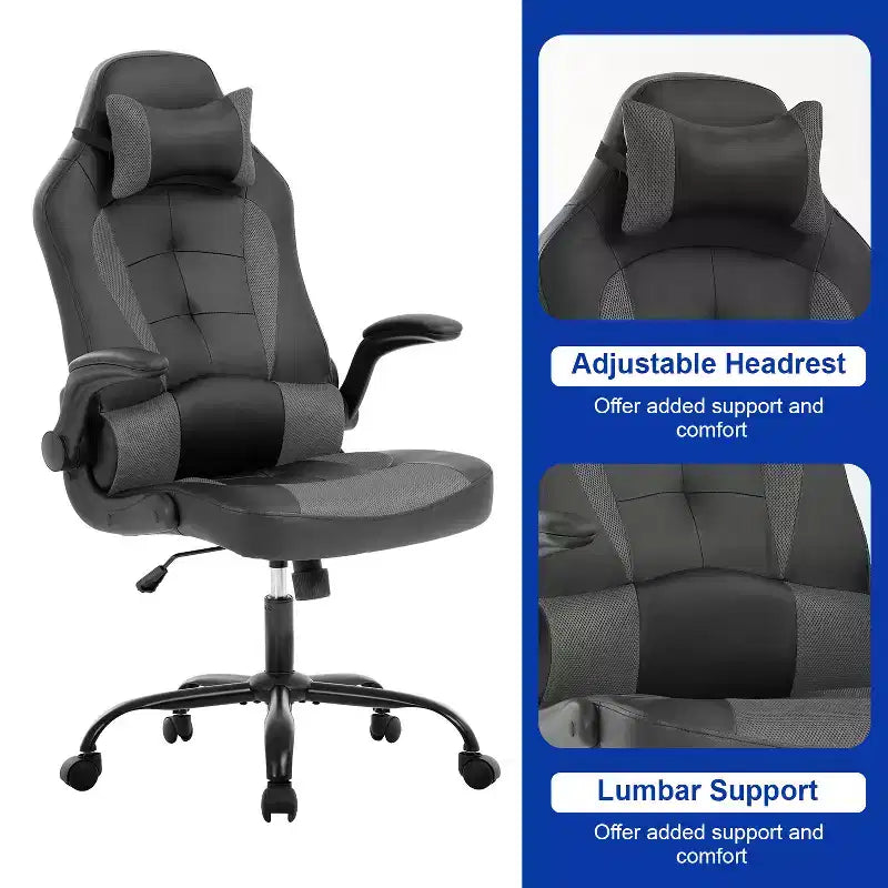 Silla de oficina para juegos BestMassage, silla de escritorio para ordenador con soporte lumbar y reposacabezas ajustable, y silla de jugador de piel sintética para adultos