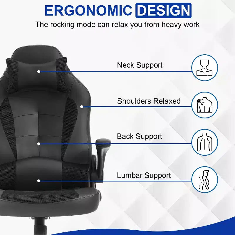 Silla de oficina para juegos BestMassage, silla de escritorio para ordenador con soporte lumbar y reposacabezas ajustable, y silla de jugador de piel sintética para adultos