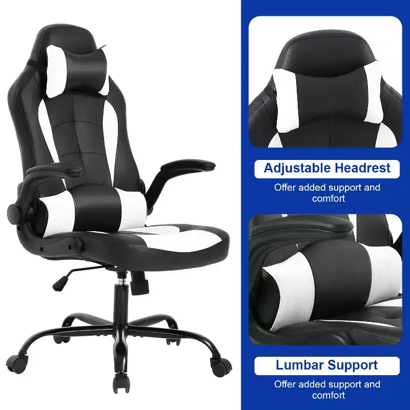 Silla de oficina para juegos BestMassage, silla de escritorio para ordenador con soporte lumbar y reposacabezas ajustable, y silla de jugador de piel sintética para adultos