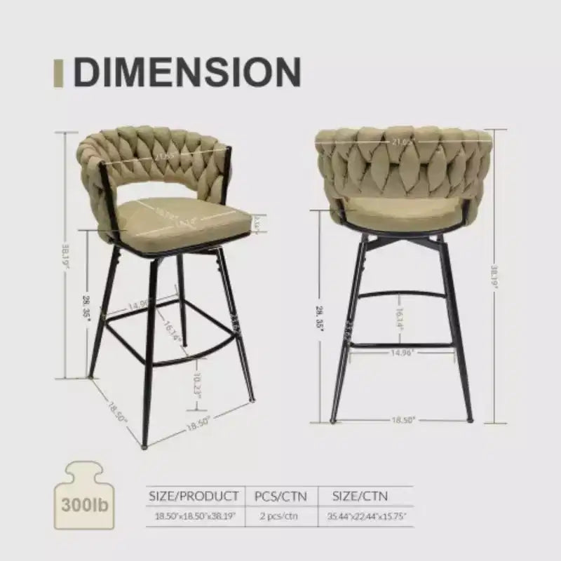 Respaldo y reposapiés incluidos, juego de 2 taburetes de bar giratorios tejidos de lino, sillas de cocina no ajustables