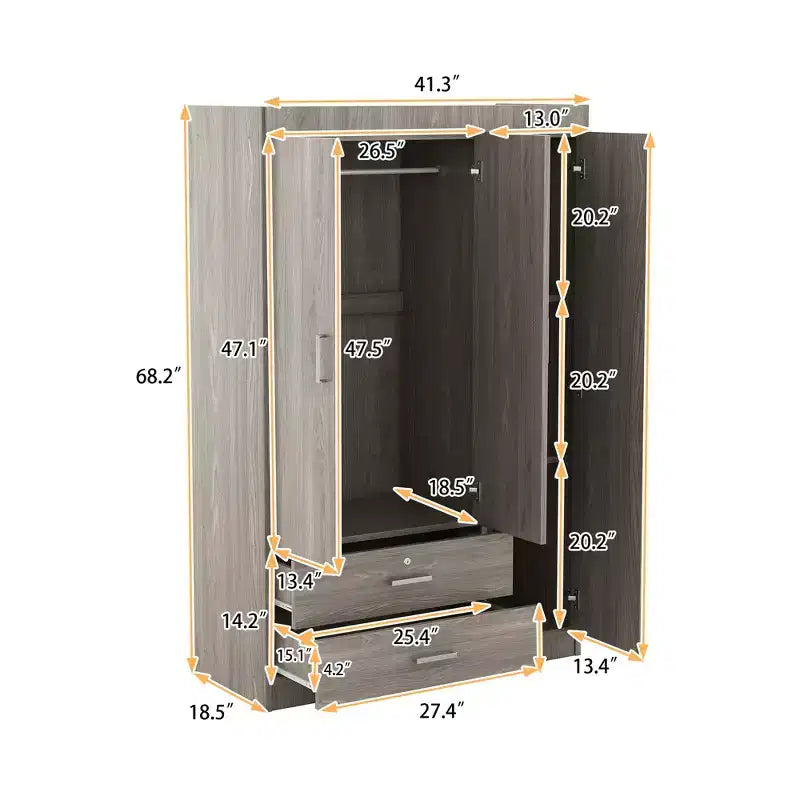 Armario de 3 puertas Whisen Wood con barra para colgar, 2 cajones y estantes de almacenamiento