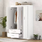 Armario de 3 puertas Whisen Wood con barra para colgar, 2 cajones y estantes de almacenamiento