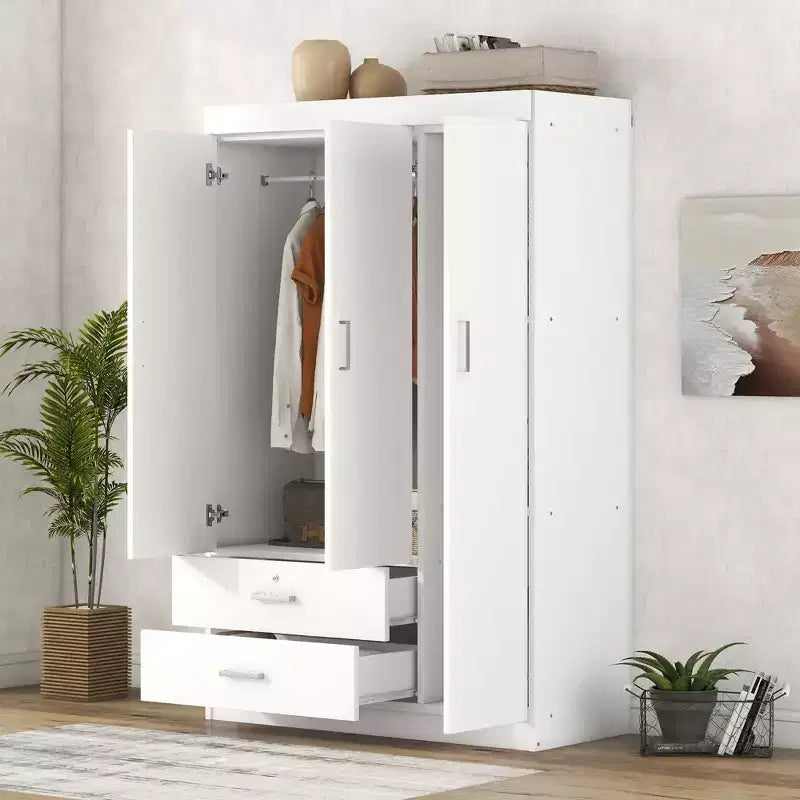 Armario de 3 puertas Whisen Wood con barra para colgar, 2 cajones y estantes de almacenamiento