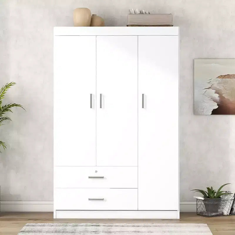 Armario de 3 puertas Whisen Wood con barra para colgar, 2 cajones y estantes de almacenamiento