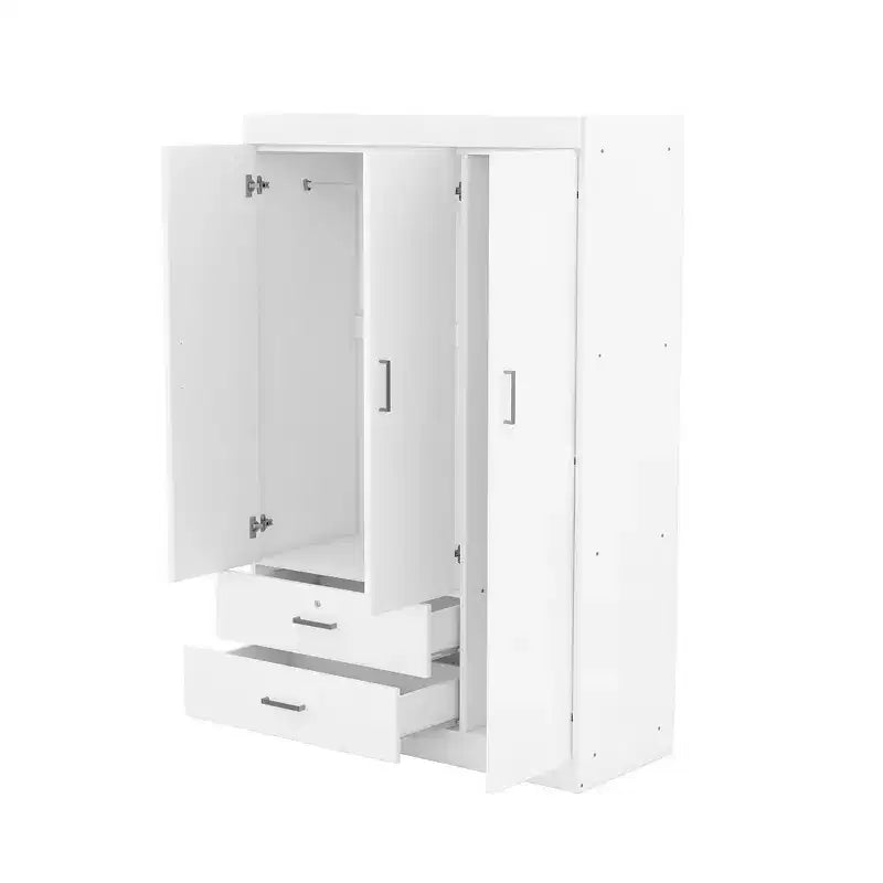 Armario de 3 puertas Whisen Wood con barra para colgar, 2 cajones y estantes de almacenamiento