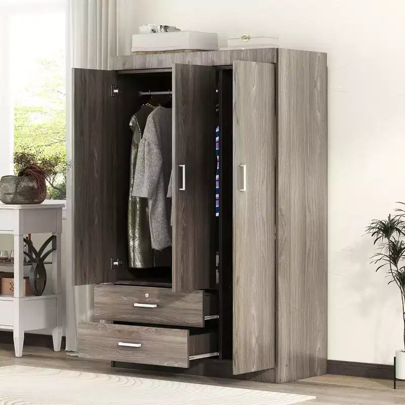 Armario de 3 puertas Whisen Wood con barra para colgar, 2 cajones y estantes de almacenamiento