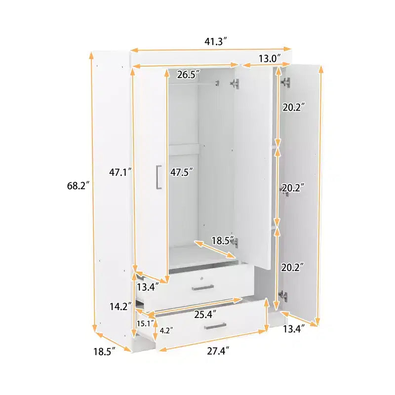 Armario de 3 puertas Whisen Wood con barra para colgar, 2 cajones y estantes de almacenamiento
