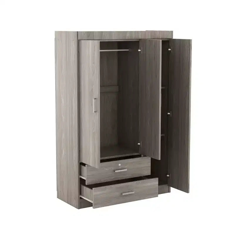 Armario de 3 puertas Whisen Wood con barra para colgar, 2 cajones y estantes de almacenamiento