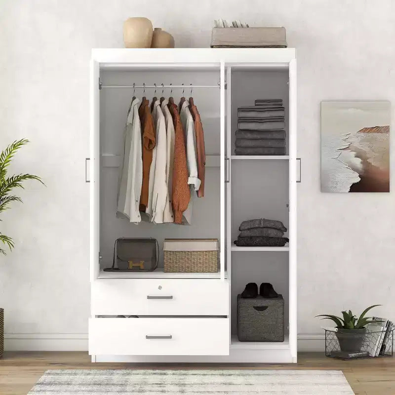 Armario de 3 puertas Whisen Wood con barra para colgar, 2 cajones y estantes de almacenamiento