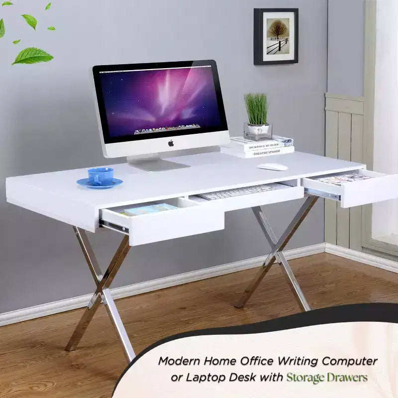 Mesa de escritorio para oficina en casa Logan de la marca Kings con cajones, bandeja para teclado y base en X. Escritorio de computadora, escritorio de estudio, escritorio de oficina.