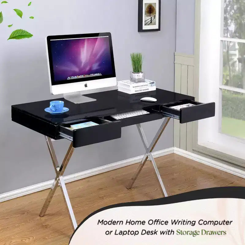 Mesa de escritorio para oficina en casa Logan de la marca Kings con cajones, bandeja para teclado y base en X. Escritorio de computadora, escritorio de estudio, escritorio de oficina.