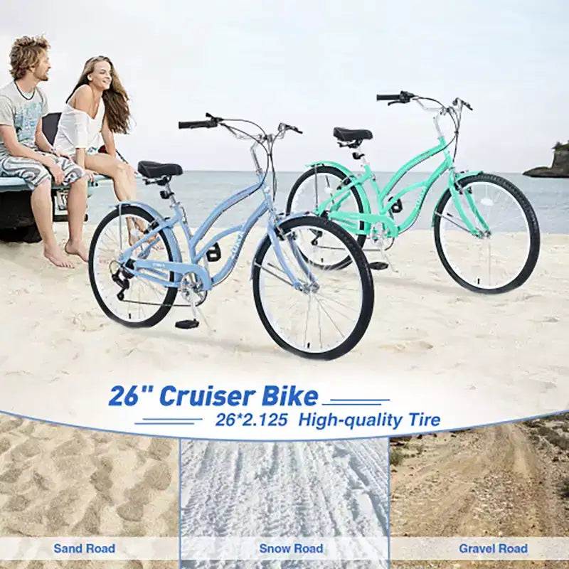 Bicicleta Crucero de 26 Pulgadas, 7 Velocidades Múltiples Colores Hombres Mujeres Bicicleta Crucero de Playa con Frenos V Delanteros y Traseros