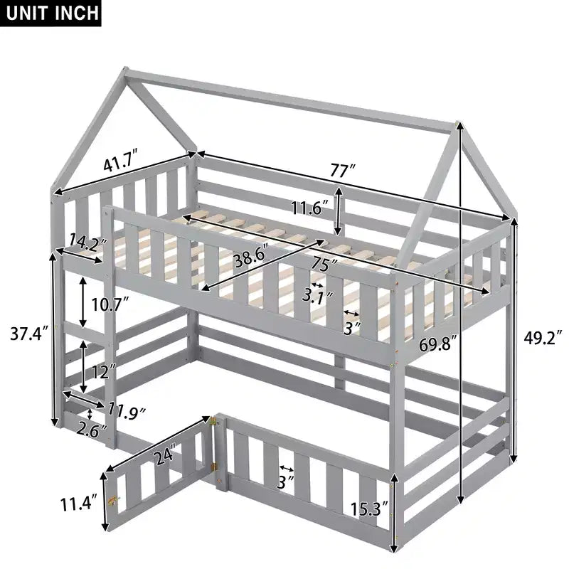 Litera Whisen Wood con diseño de casa, valla con puerta y escalera, de dos camas individuales