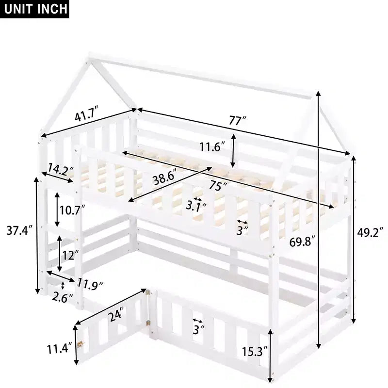 Litera Whisen Wood con diseño de casa, valla con puerta y escalera, de dos camas individuales