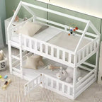 Litera Whisen Wood con diseño de casa, valla con puerta y escalera, de dos camas individuales