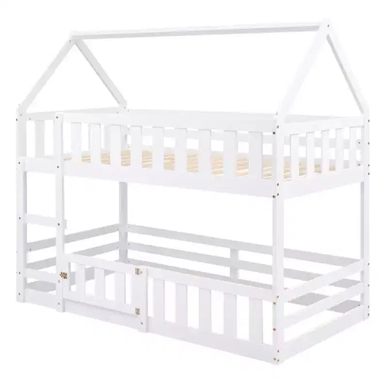 Litera Whisen Wood con diseño de casa, valla con puerta y escalera, de dos camas individuales