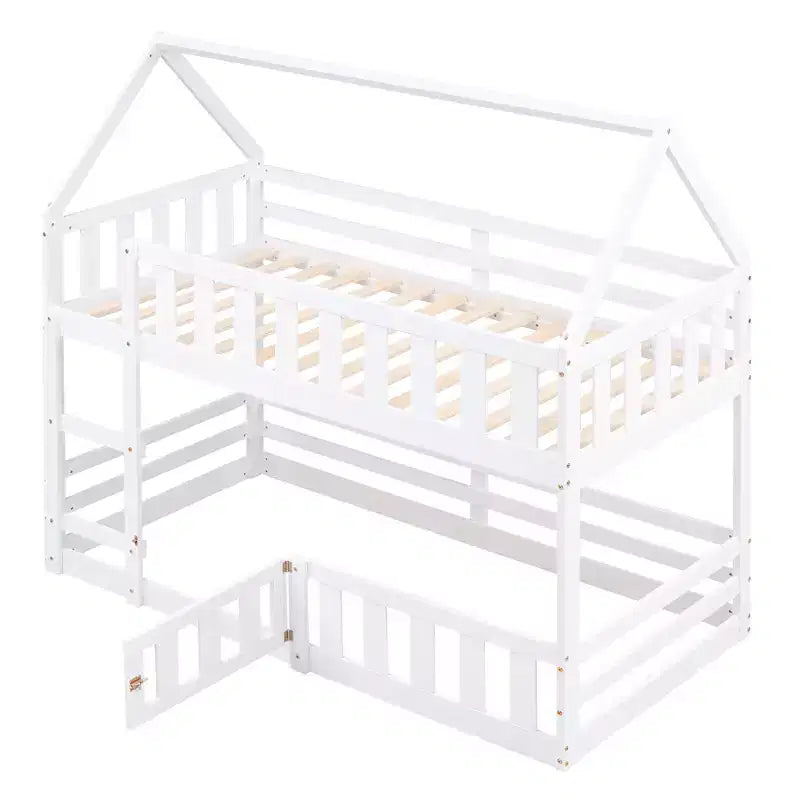Litera Whisen Wood con diseño de casa, valla con puerta y escalera, de dos camas individuales