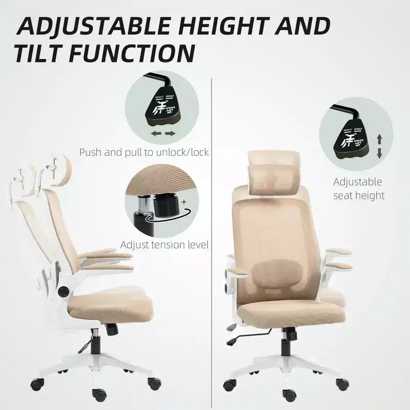 Silla de oficina ergonómica HOMCOM con reposabrazos abatibles, reposacabezas y soporte lumbar ajustables, silla de escritorio de malla para oficina en casa
