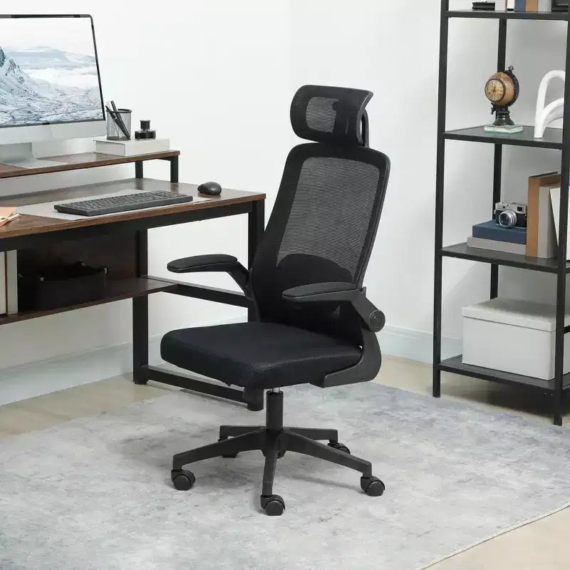 Silla de oficina ergonómica HOMCOM con reposabrazos abatibles, reposacabezas y soporte lumbar ajustables, silla de escritorio de malla para oficina en casa