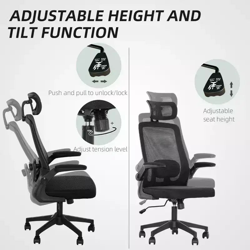Silla de oficina ergonómica HOMCOM con reposabrazos abatibles, reposacabezas y soporte lumbar ajustables, silla de escritorio de malla para oficina en casa