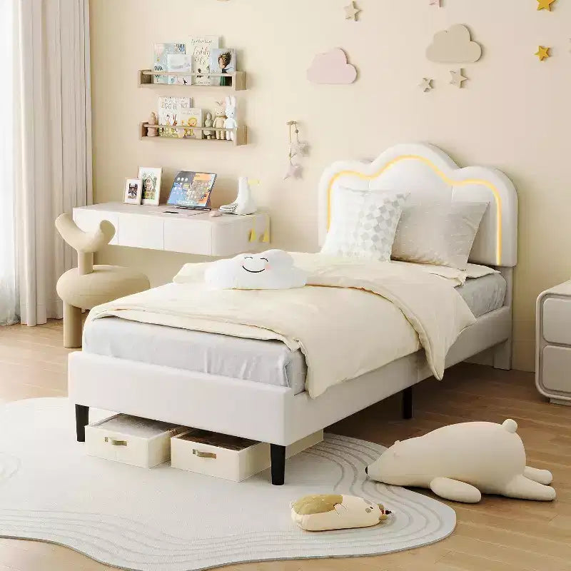 Twin Upholstered Smart LED Bed Frame with Adjustable Hills Headboard, PU Leather Platform for Kids, Beige