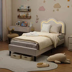 Base de cama tapizada inteligente Twin LED con cabecero ajustable Hills, plataforma de cuero sintético para niños, beige