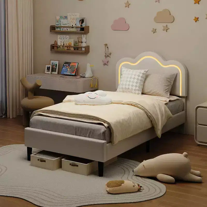 Base de cama tapizada inteligente Twin LED con cabecero ajustable Hills, plataforma de cuero sintético para niños, beige