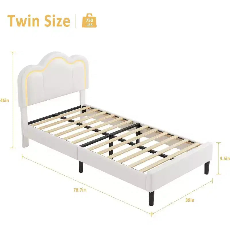 Base de cama tapizada inteligente Twin LED con cabecero ajustable Hills, plataforma de cuero sintético para niños, beige