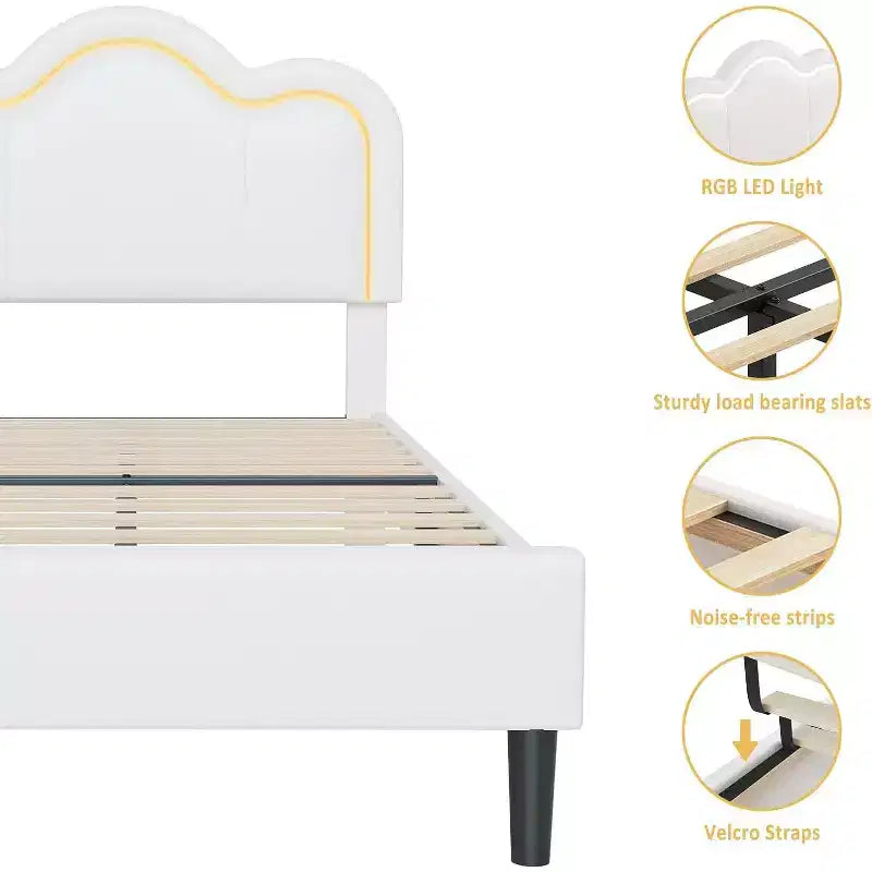 Base de cama tapizada inteligente Twin LED con cabecero ajustable Hills, plataforma de cuero sintético para niños, beige