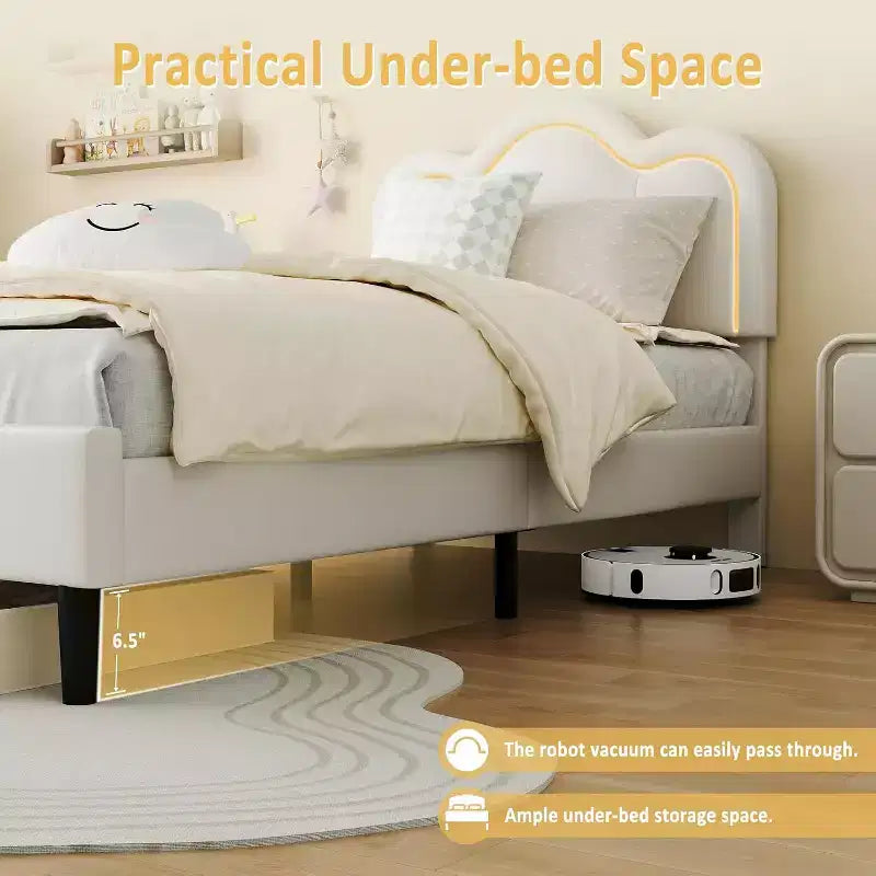 Base de cama tapizada inteligente Twin LED con cabecero ajustable Hills, plataforma de cuero sintético para niños, beige