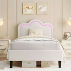 Base de cama tapizada inteligente Twin LED con cabecero ajustable Hills, plataforma de cuero sintético para niños, beige